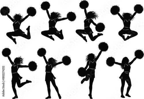 Set of cheerleader silhouettes with pom-poms in various jumping poses. Isolated black vector collection of active girls cheering for a team.