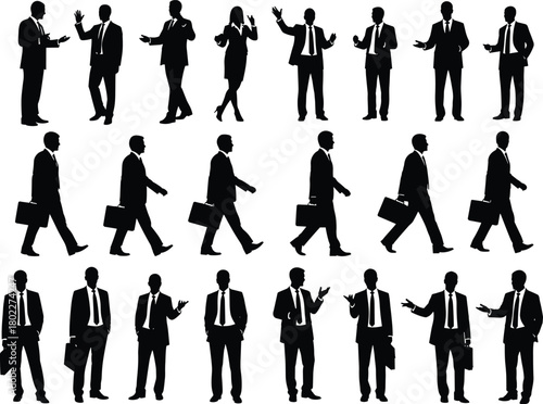 Large collection of business people silhouettes. Includes men in suits and a businesswoman walking, standing, and gesturing. Isolated vector set.