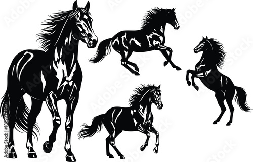 Set of black and white horse illustrations in various poses. Includes running, galloping, and rearing stallion silhouettes. Isolated vector stencil art.