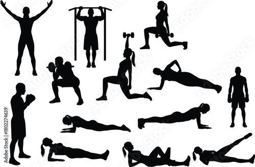 Collection of fitness silhouettes, men and women exercising, gym workout poses, squat, lunge, plank, vector icon set, isolated.