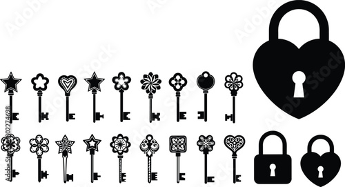 Collection of ornate keys and heart-shaped locks, vintage key and padlock silhouette set, vector icons for love or security, isolated.