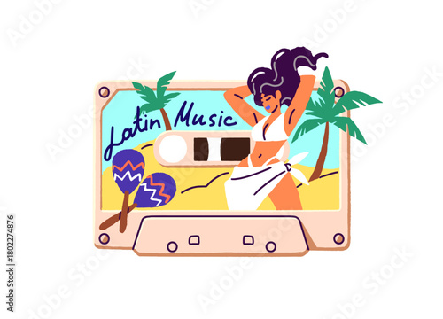 Retro design of audio cassette of Latin American music. Magnetic mix tape of Latino songs. Vintage audiocassette with old records on reel. Flat isolated vector illustration on white background