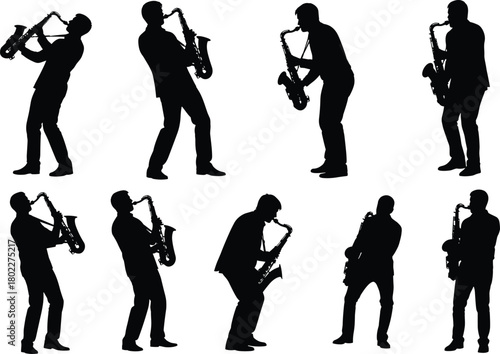 Collection of saxophone player silhouettes, man playing sax, musician in various poses, vector icon set for jazz, isolated on white.