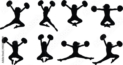 Collection of cheerleader silhouettes, girls jumping with pom-poms, vector icon set for sport and dance, isolated on white.