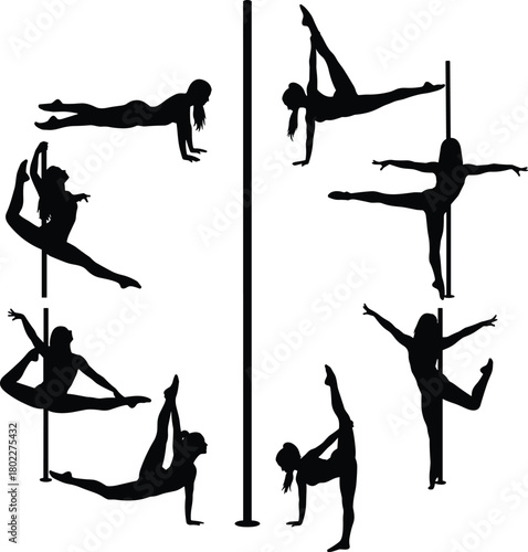 Set of pole dance silhouettes, women in flexible fitness and acrobatic poses, vector icon collection for sport, isolated on white.