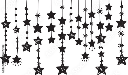 Hand drawn stars and snowflakes hanging on strings design element