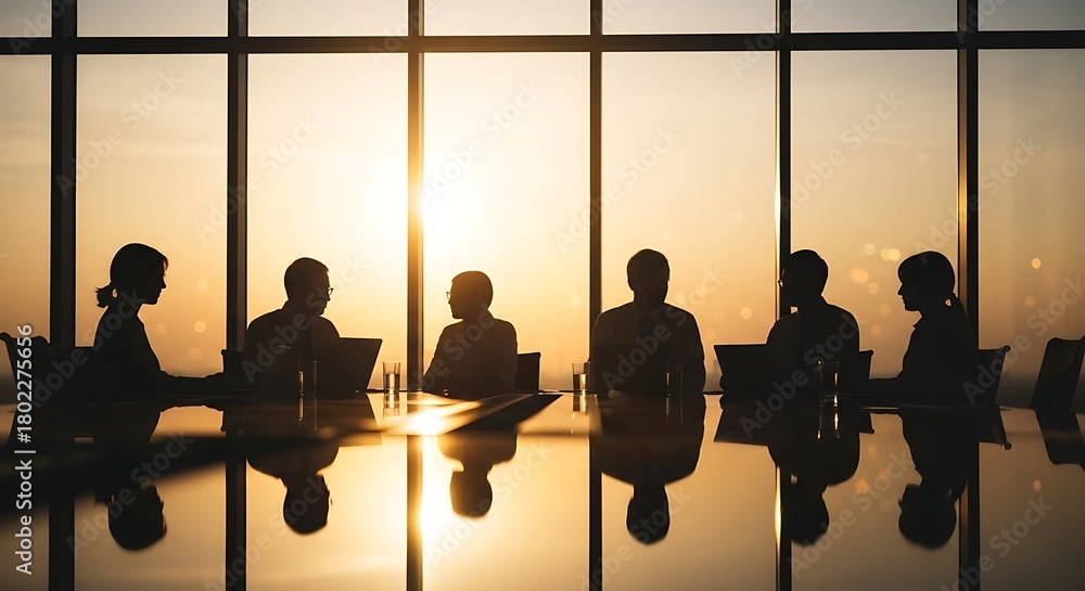custom made wallpaper toronto digitalSilhouette of a diverse business team in a strategic boardroom meeting with a sunset view from the window