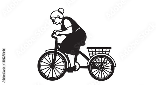 ## **48. Elderly woman riding tricycle black silhouette vector**
