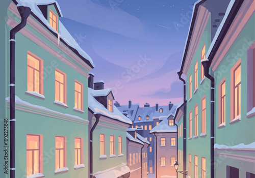 Pastel Winter Old-Town Street Scene – Soft-Flat Semi-Realistic Night City Vector Illustration