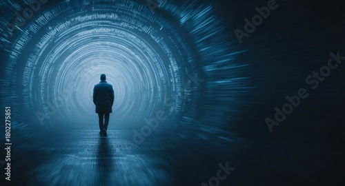 Path to the Unknown: Silhouette of an individual venturing into a luminous tunnel, radiating a sense of mystery and introspection.