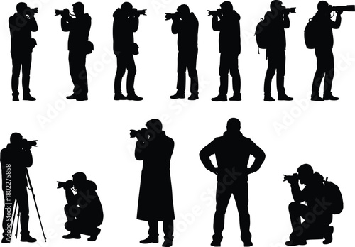 Collection of photographer silhouettes, men with cameras in various poses, standing, crouching, with tripod, vector icon set, isolated.