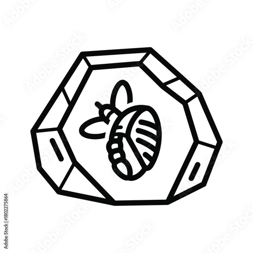Outline icon of a flying bee with wings inside a geometric hexagonal cell, symbolizing honey production and nature.