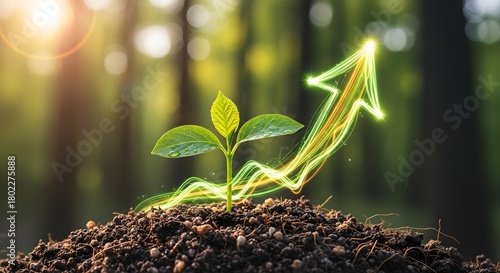 Small green plant growing from the earth with a glowing green and gold light trail forming an upward arrow. Concept of positive growth, sustainable energy, eco-friendly business, and success path.