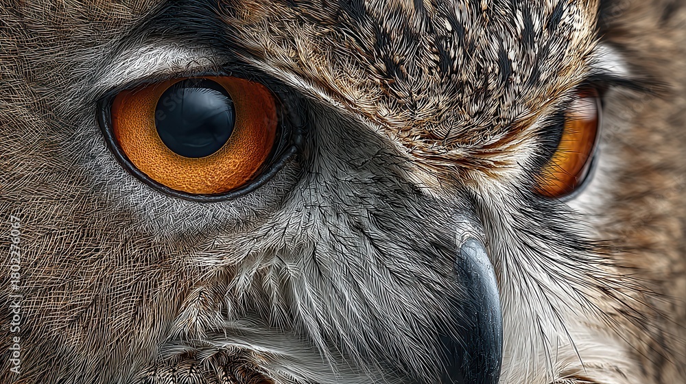 Naklejka premium Close up of a Eurasian eagle-owl features striking orange eyes and detailed feather patterns, showcasing its intensity and wild beauty