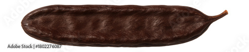 Elongated, flattened carob pod with a dark brown, leathery surface.