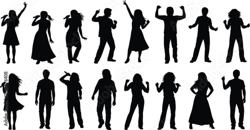 Large set of people silhouettes, men and women singing and dancing, vector collection for concert, karaoke, or party, isolated.