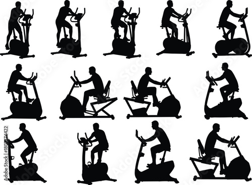 Collection of men silhouettes on exercise bikes, recumbent bikes, and elliptical trainers, vector icon set for gym and fitness, isolated.
