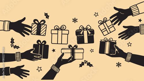 Holiday Season Gift Giving Festive Hands and Presents Illustration