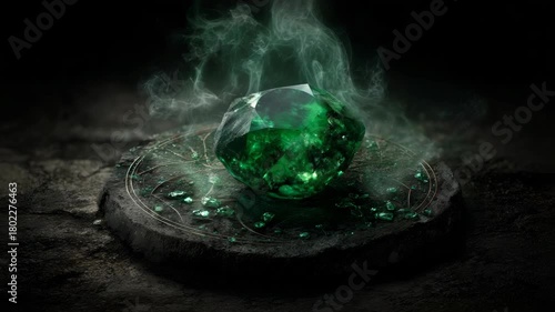 Mysterious emerald gemstone with green smoke on ancient stone altar