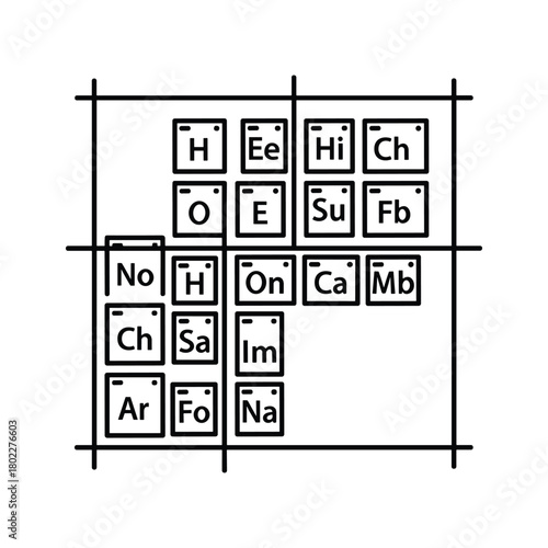 Abstract scientific grid table icon, displaying alphanumeric placeholders, symbolizing chemical elements or data organization structure