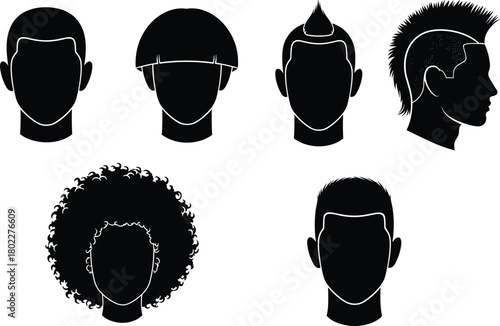 Set of men's hairstyle silhouettes, collection of male head icons with different haircuts like mohawk and afro, vector, isolated.