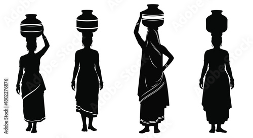silhouette of women carrying water pots on their heads in a row