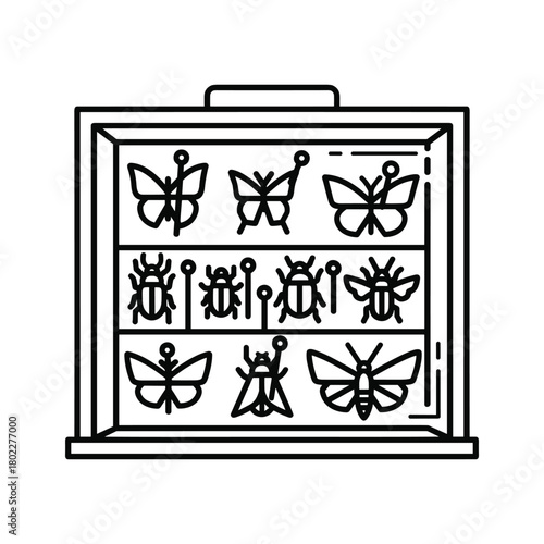 Detailed entomology collection display case icon featuring various pinned butterflies, moths, and beetles specimen.