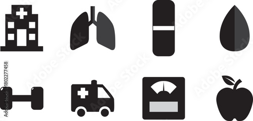 Health and wellness solid  icon set. solid  black  logo  design of hospital, heart, pill, weight scale, ambulance, apple, blood drop etc 