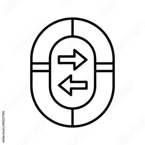 Boat or raft outline with two opposing arrows for data transfer, exchange, shipping, and transportation icon design