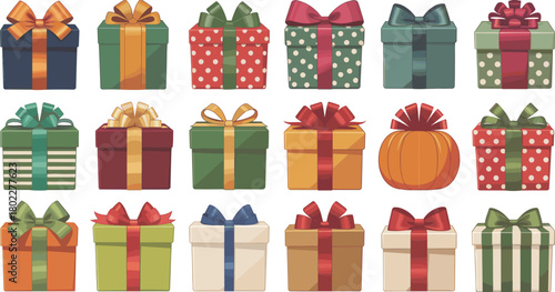 Set of colorful wrapped gift boxes, collection of presents with bows, vector illustration for Christmas, birthday, holiday celebration, isolated on white.