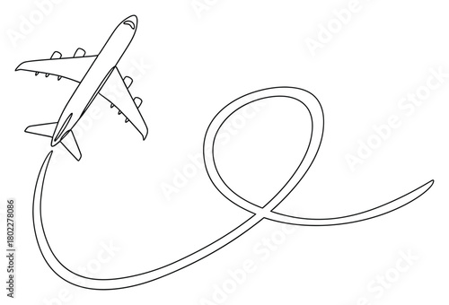 Airplane Ascent with Curving Flight Path on Transparent Background Line Art