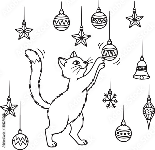 Playful cat reaching for Christmas ornaments vector illustration for design
