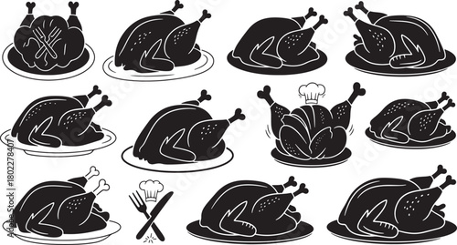Roasted Turkey Vector Illustration Set in Black and White Style