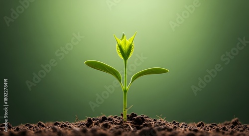 Single small plant seedling growing from rich soil under focused studio light with a green background. Concept of new life, careful cultivation, growth, and the purity of natural development.