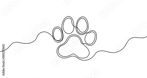 Outline of an animal paw print, drawn with one continuous line. Symbol of domestic pets, veterinary care, animal protection, and friendship. Vector illustration.