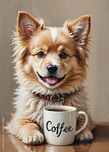Painting of a cute dog with a coffee mug