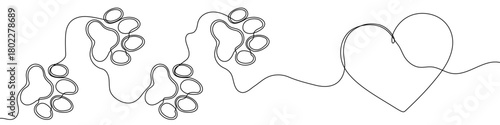 Four animal paw prints and a heart outline, drawn with one continuous line. Symbol of domestic pets, love, animal protection, and veterinary care. Vector illustration.