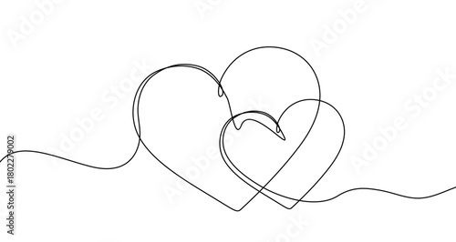 Two intertwined heart outlines, drawn with one continuous line. Symbol of love, relationships, wedding, and romantic attachment. Vector illustration.