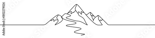 Outline of a mountain range with a river winding through it, drawn with one continuous line. Symbol of nature, travel, adventure, climbing, and grandeur. Vector illustration.