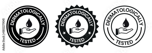 Set dermatologically tested vector label with water drop, leaf and hand logo. Dermatology test and dermatologist clinically proven icon for allergy free and healthy safe product package tag.