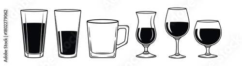 Assorted Beverages Black Line Art Icon Set on White Background