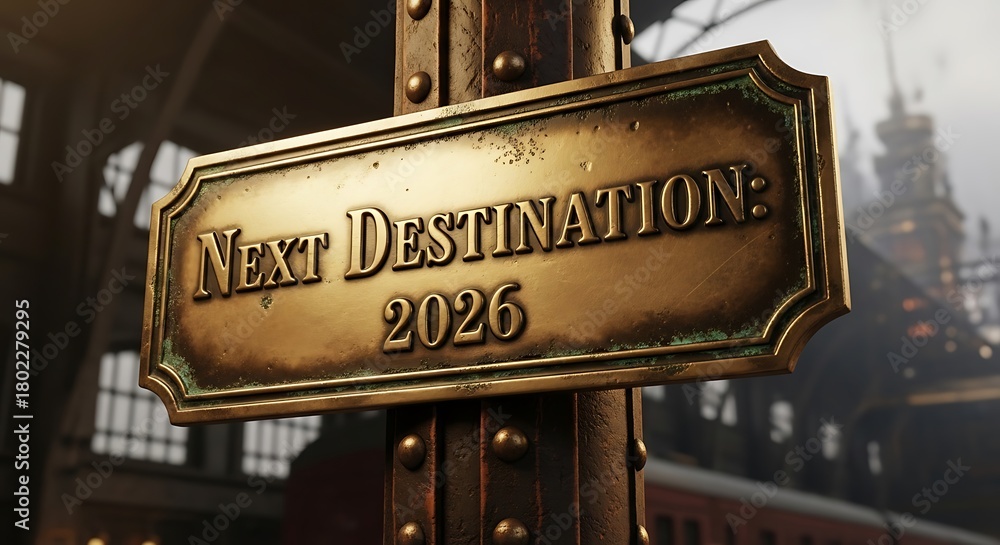 Fototapeta premium Vintage brass sign declares next destination 2026 against a moody industrial background