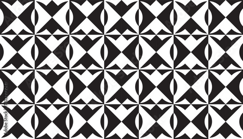Bold black-and-white geometric pattern featuring repeated X-shaped motifs arranged in a seamless grid. Contrast design creates a striking optical effect, combining sharp triangles with curved element