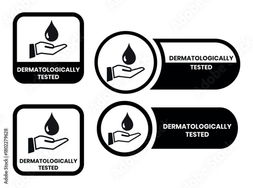 Set dermatologically tested vector label with water drop, leaf and hand logo. Dermatology test and dermatologist clinically proven icon for allergy free and healthy safe product package tag.