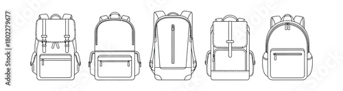 Backpacks Collection Outline Style on White Background, Line Art, Fashion Accessory
