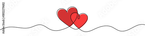 One line drawing of two red hearts. Continuous line art symbolizing love and relationships. Vector illustration for celebration and holiday design.
