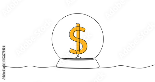Golden dollar sign in a snow globe. Continuous line drawing for finance prediction and business analytics. Vector illustration on a white background.