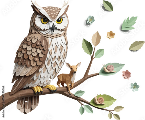 A wise little owl, a nocturnal bird of prey with brown and white feathers, perches on a wild tree branch, its great eyes focused like a predator