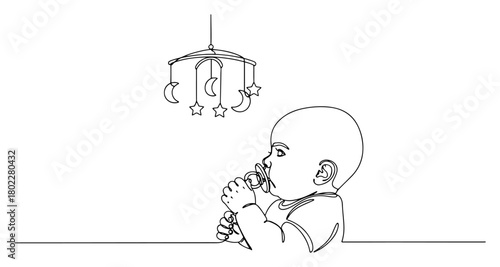 One continuous line drawing of a cute baby with pacifier under a crib mobile Newborn child and nursery concept in minimalist one line art style vector illustration