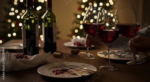 Festive christmas dinner with wine and christmas tree lights at home